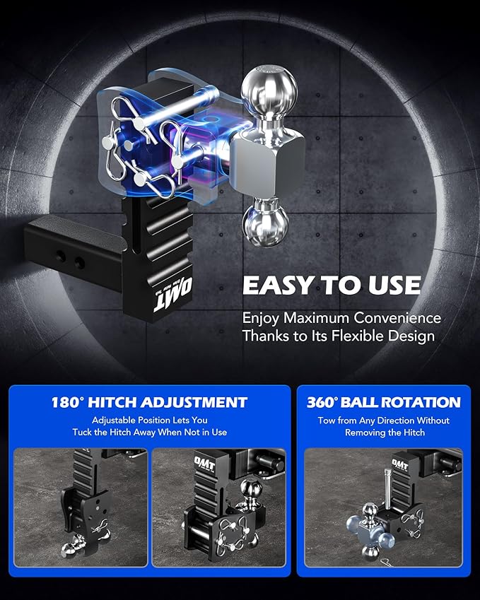 Orion Motor Tech Adjustable Trailer Hitch, Fits 2" Receiver, 5" Drop Hitch with 2" & 2-5/16" Balls, Anti-Theft Steel Tow Hitch Stowable Ball Mount with 15000 lb GTW for Class III & IV Vehicles