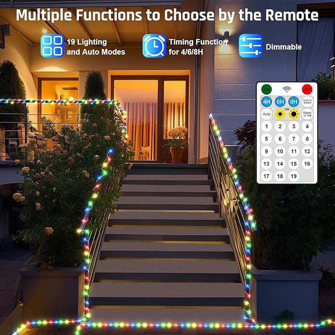 New Upgraded Solar Rope Lights Outdoor Waterproof 105ft 300 LED Solar String Lights with Remote Timing Dimmable 19 Modes Christmas Lights for Yard Outside Patio Xmas Tree Decor (300LED-Multicolor)