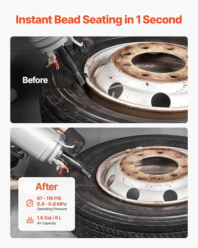 VEVOR Portable Tire Bead Seater, 1.6 Gal / 6 L Air Bead Blaster, Handheld Tire Inflator Tool, 87-116 PSI Operating Pressure, Trigger Seating Inflator for Car, Compact SUV, Light Truck, E-Bike, RV, ATV