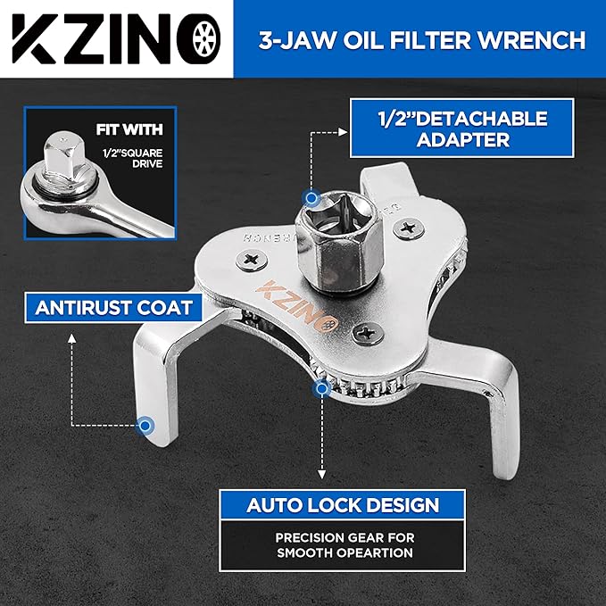 KZINO Oil Filter Removal Tool, Universal Oil Filter Wrench, Oil Filter Removal Tool Adjustable 2-1/2 to 4 inch & 3 to 5-1/2 inch, 1/2" Drive, Oil Filter Change Set (Flat)