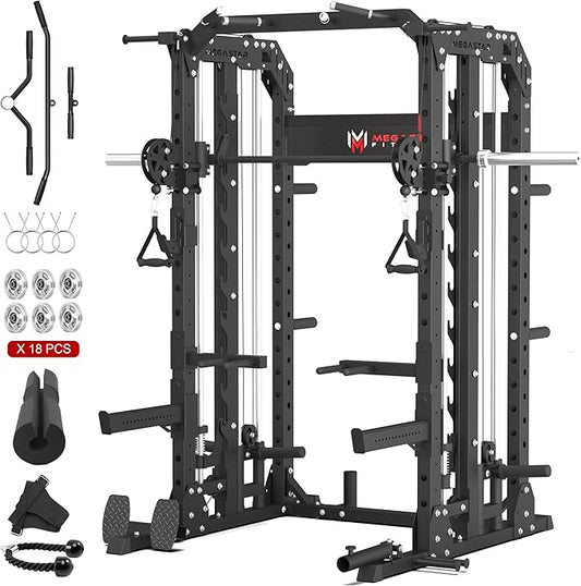 Smith Machine for Home Gym - 2000lbs Capacity All-in-One Power Rack with Cable Crossover, Pull-Up Bar & Dip Station, Includes 18 Attachments, P107 Anvil