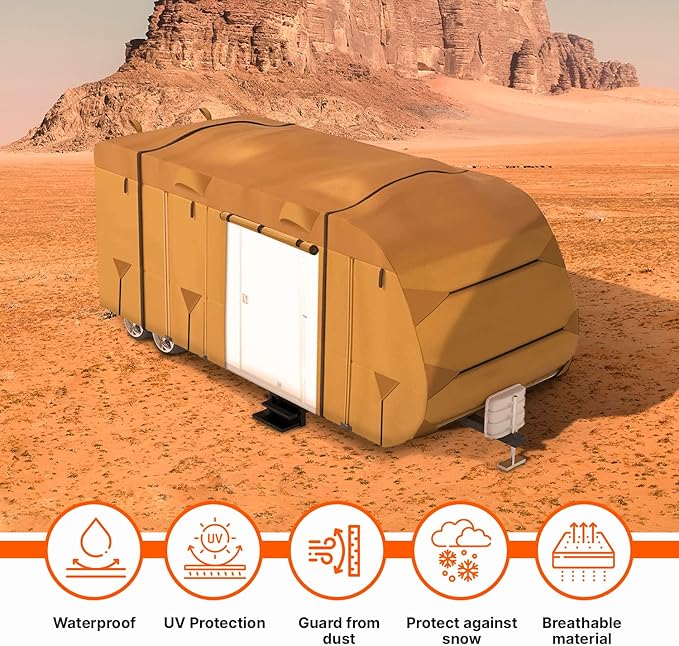 20-22ft Travel Trailer Camper RV Cover Package Premium Heavy-Duty Waterproof Anti-UV Breathable Fabric Including Jack Cover 4 Tire Covers and 2 Secure Straps
