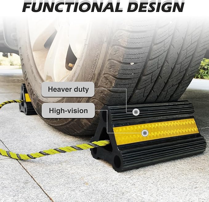 Wheel Chocks for Travel Trailers Camper RV Truck Car, Solid Rubber Sturdiness Heavy Duty Simple Easy to Use, Tires Chock Block Stopper with Nylon Rope Yellow Reflective Tape [8.2" 2pair/4pack]