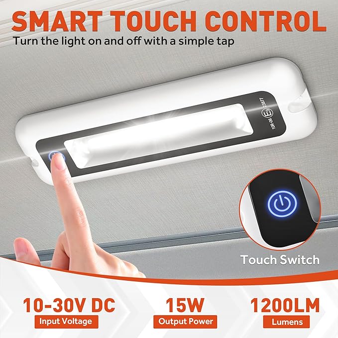 8 Inch RV Lights Interior with Smart Touch Control, LED Utility Awning Light White 6000K, IP68 Waterproof Aluminum for RV Trailers Travel Campers Cabinet SUV Truck MPV Hallway