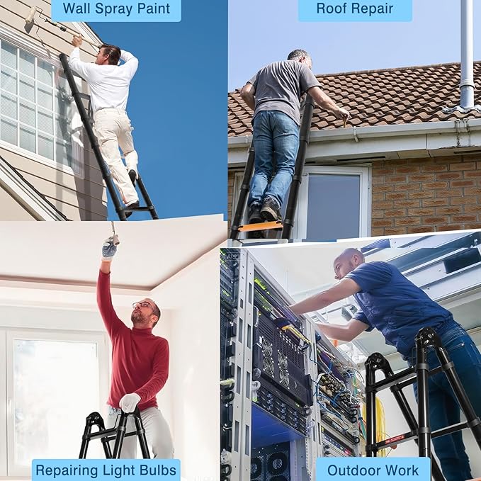 12.5 FT A Frame Telescoping Ladder, Extension Multi-Purpose w/Balance Bar & Wheels, Ladder A Frame, Heavy Duty 330 lbs Max Capacity, Ideal for Home and Outdoor Work, Black