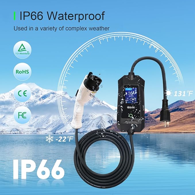 Level 1 & 2 EV Portable Charger up to 16Amp, 110V / 240V with 25ft Type1 J1772 Cable, NEMA 5-15 & 6-20 Plug Indoor/Outdoor EVSE, Home/Travel Electric Car Charging Station