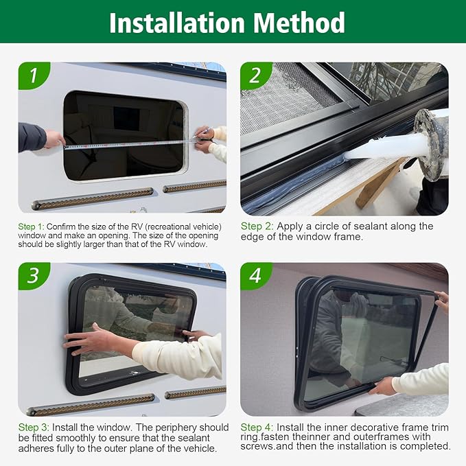 Dulepax RV Exit Window, 36'W x 22'H, Black Tempered Glass, RV Emergency Exit with Net Screen & Trim Ring