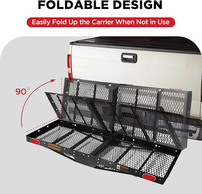 Rockland Steel Foldable Cargo Carrier with Reflectors, 750 LBS Capacity, 60" x 20" x 2.5", Hitch Mount for 2" Receivers, Compatible with Class III & IV, Folding Tray Hitch Basket for Cars SUVS Vans