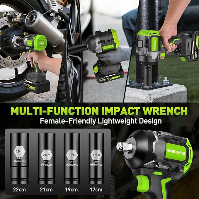 1/2 Cordless Impact Wrench: Max 850nm (630ft-Lbs) Electric Impact Wrench Kit - 20V 4ah Battery, 3-Speed, 4 Sockets, LED Light, Variable Speeds 1/2 Impact Drive for Car Tire, Mower