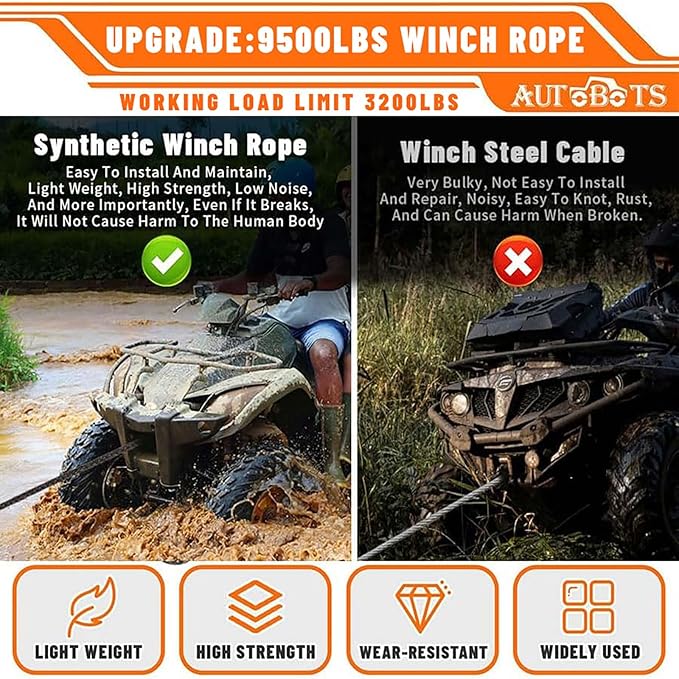 AUTOBOTS Synthetic Winch Rope 1/4" X 50 Ft, Max 9500lbs with Heavy Duty 3/8 Winch Hook, Protective Sleeve for Off Road Vehicle ATV UTV Orange