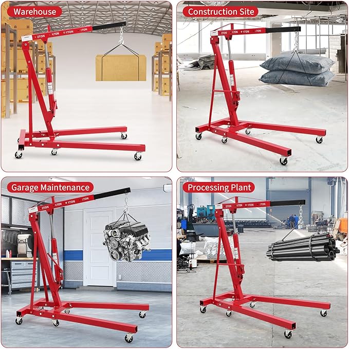 2-Ton Folding Engine Hoist Cherry Picker 4400 Lb Capacity Hydraulic Shop Crane with Telescoping Boom 6 Caster Wheels for Automotive Repair