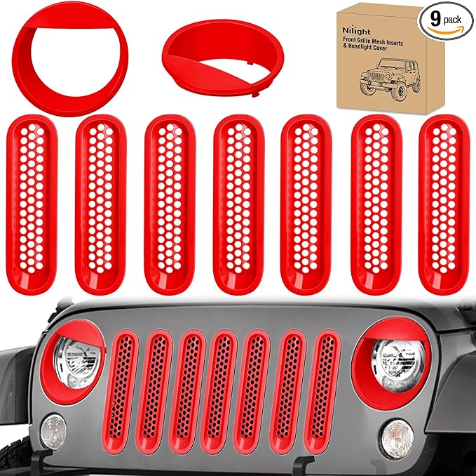Nilight Grill Inserts fit for Jeep Wrangler Front Grille Mesh Inserts & Headlight Cover Set for JK JKU Unlimited Sports Sahara Freedom Rubicon 2007-2018 Clip-in Trim Exterior Accessories Red 9 Pcs