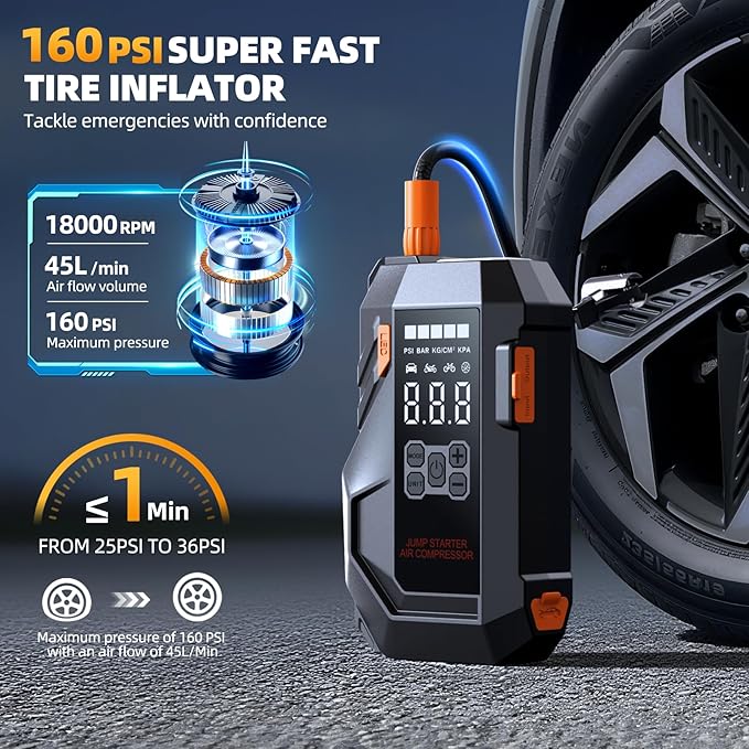 Jump Starter with Air Compressor, 6000A 160PSI Portable Car Battery Jump Starter (All Gas/12L Diesel), 12V Jump Box Car Battery Jump Starter Portable with Smart Jumper Cables, LED Light, LCD Display