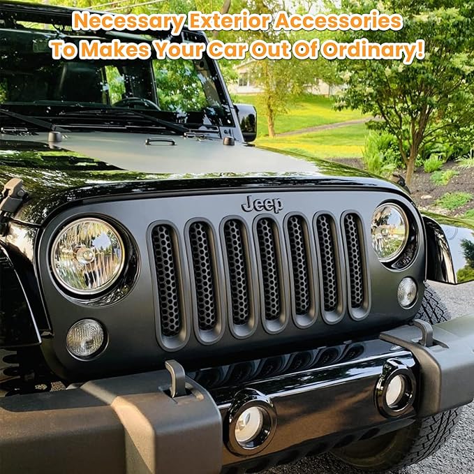 7PCS Front Grill Mesh Inserts for Jeep Wrangler JK JKU Unlimited 2007 2008 2009 2010 2011 2012 2013 2014 2015 2016 2017 2018 Grille Guard Cover Trim Clip-in Exterior Accessories (Matte Black)