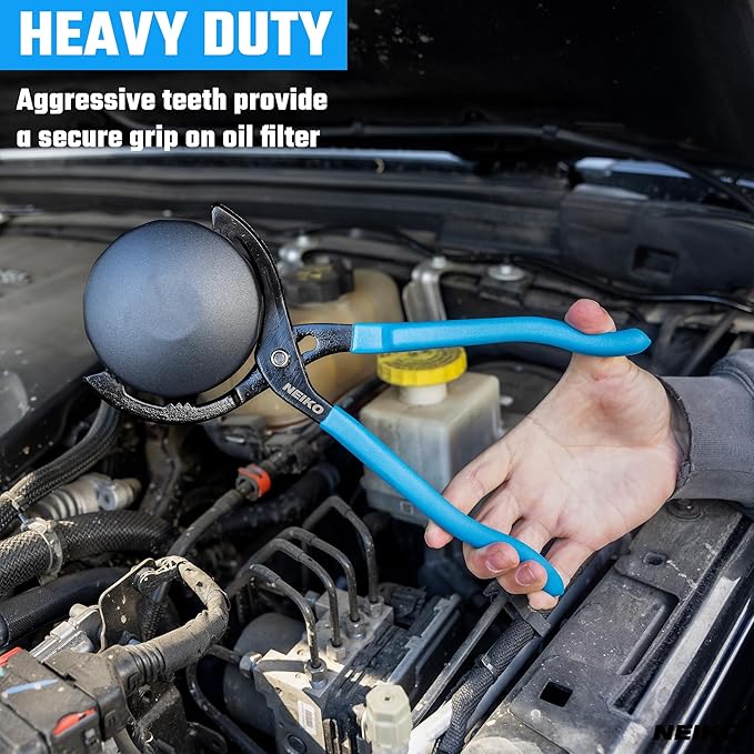 NEIKO 03422A Oil Filter Wrench, 12” Adjustable Oil Filter Pliers, 3 Adjustable Positions, Fits 2-3/8” to 4-1/2”, Oil Change Tools, Filter Removal Tool