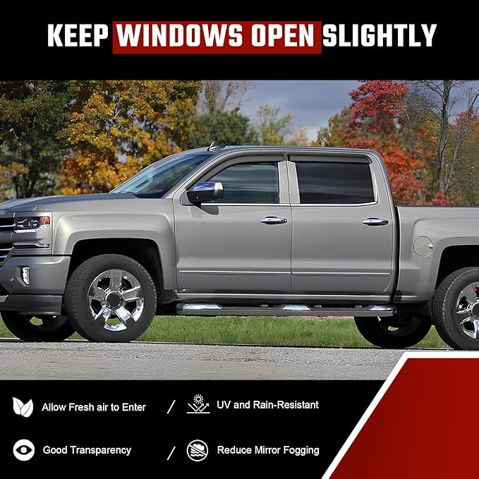 Rain Guards Fit for Chevy Silverado/GMC Sierra 1500 Crew Cab 2014 2015 2016 2017 2018, Extra Durable Tape-on Side Window Deflectors, Wind Deflectors Rain Guard Black - 4 PCS