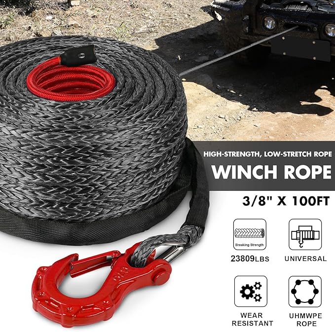 Synthetic Winch Rope, 3/8" x100ft 23809LBS Dyneema Winch Rope 3/8 Heavy Duty Winch Cable with Protective Sleeve Forged Winch Hook for 4WD Off Road Vehicle Truck SUV (Black)