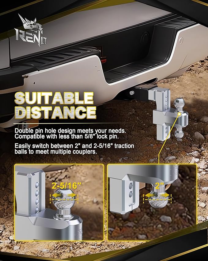 RENO Adjustable Trailer Hitch, Fits 2.5 inch Receiver Hitch 8" Rise/Drop Tow Hitch, Heavy Duty 2" & 2-5/16" Ball Hitches with 18,500 LBS GTW (1 Pack, Aluminum)