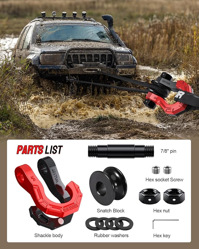 DAYDOOR D Ring Shackles with Snatch Block, 45,000Lbs Break Strength Towing Winch Shackle, 3/4" Heavy Duty Shackles with 7/8" Screw Pin for Off Road Vehicle Recovery (2 Pack,Red)