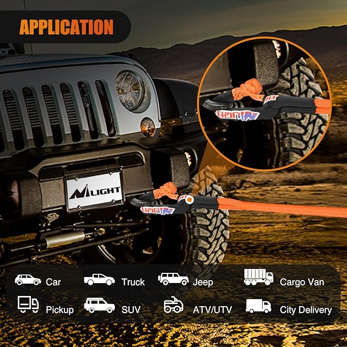 Nilight Kinetic Recovery Tow Rope 7/8" x 20ft (28,600LBS) with 2 Soft Shackle 1/2" x 24" Snatch Strap Heavy Duty Offroad Towing Strap kit for UTV ATV SUV Truck Car Jeep Tractor