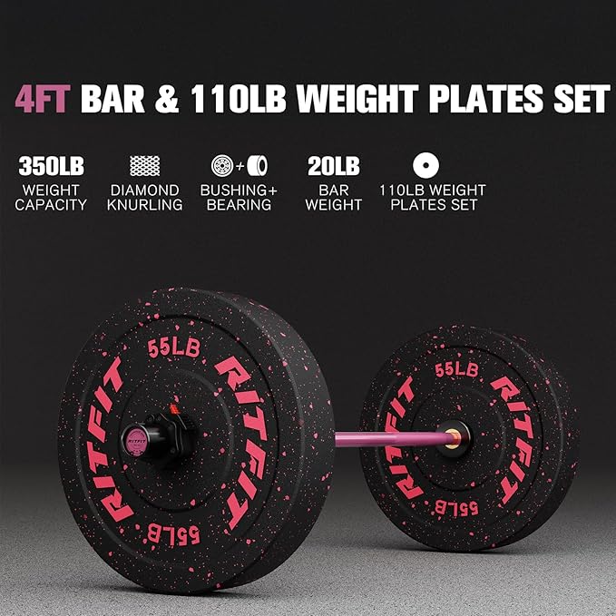 RitFit Barbell Weight Set - 4/6FT Olympic Barbell with Weight Plates (55-275LB Total) - Weightlifting Equipment for Squats, Curls, Deadlifts, Presses, Hip Thrusts