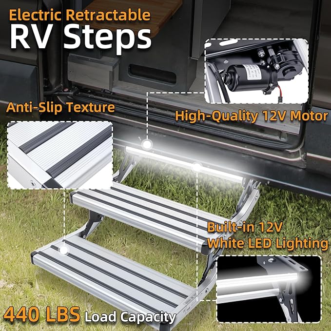 Electric Retractable RV Steps with LED Light, 2-Step, 400 LBS Load Capacity, Foldable Aluminum Alloy Camper Steps, Thickened Steel Plate Trailer Steps, Non-Slip Design, Ideal for RV, Trailer, Camper