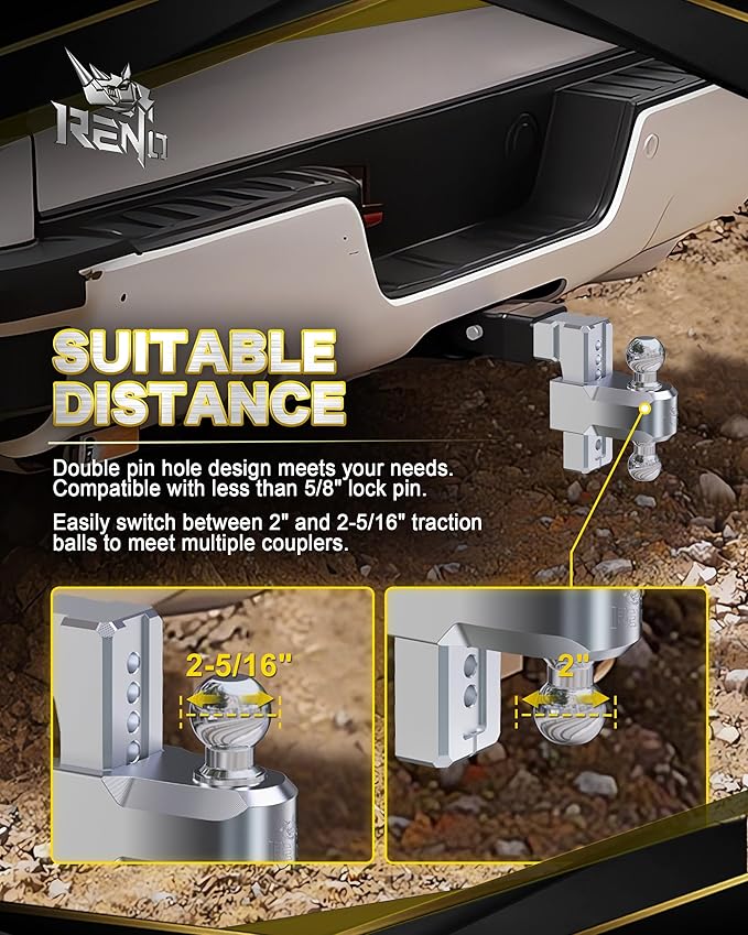 RENO Adjustable Trailer Hitch (Fits 3-Inch Receiver) - Heavy Duty Aluminum Tow Hitches with 6-Inch Drop/Rise for Truck (21,000 LBS GTW) - 2" and 2-5/16" Dual Ball Mounts