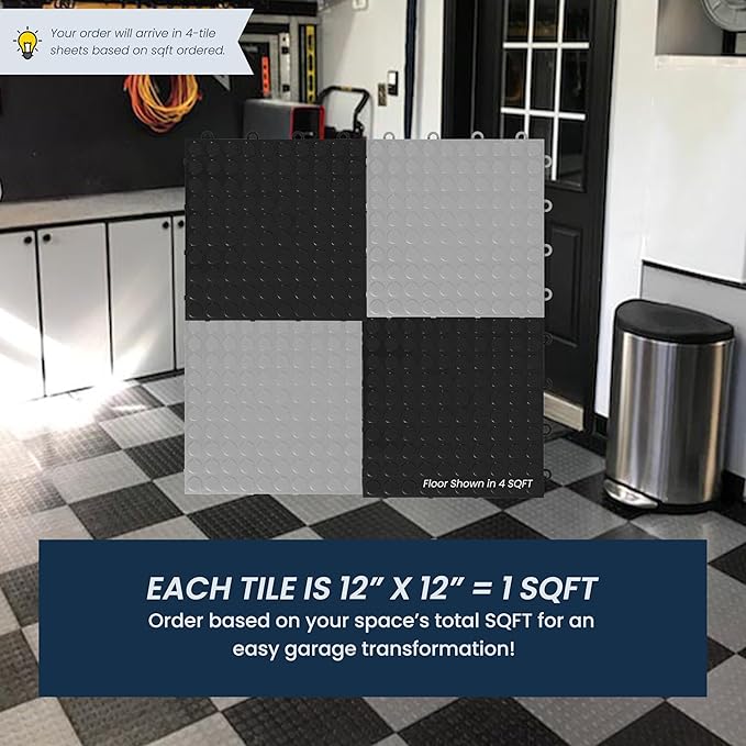IncStores FlooringInc's Nitro 12"x12" Snap-Together Garage Flooring Tiles, Non-Slip Interlocking Plastic Floor Mat, Garage Organization & Storage, Coin Pattern, Midnight Black, 52 Tiles, 52 Sq/Ft