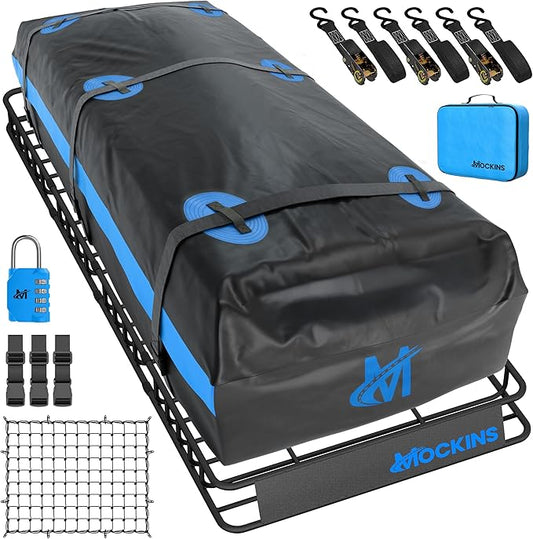 Mockins XL 84"x39"x6" Extendable Roof Rack Cargo Carrier & 35 CuFt Waterproof Cargo Bag for Top of Car | 3 Length Sizes: 40", 63", 84" Luggage Rack for SUV Car & Truck with Roof Basket Accessories