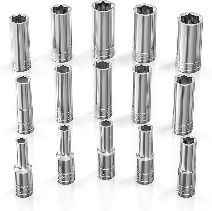 Olsa Tools Metric Deep Socket Set - 3/8-Inch Drive, 15pc - 6-Point Chrome Sockets from 6mm–20mm and No Skipped Sizes - Mechanic Deep Metric Socket Set - Professional Grade Long Sockets - Part: 1316