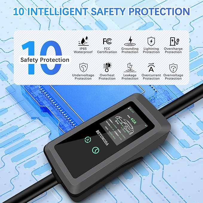 Portable Level 1&2 EV Charger, 40 A, Portable Charger for Home and J1772, 25ft Cable, Charging Stations with LED Display, NEMA14-50 Plugand NEMA 5-15 Adapter, Current Adjustable. (Tesla Need Adapter)