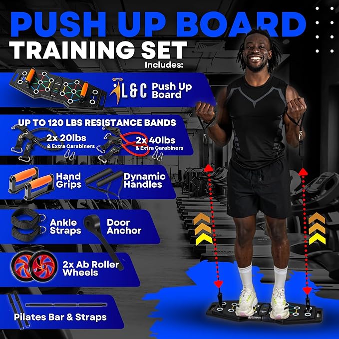 Push Up Board for Full Body Workout at Home - Portable, Joint Friendly, Fun & Motivating Home Workout Equipment with QR Code Guided Workouts - Ideal for Men, Women, Teens - L&C Exercise Essentials