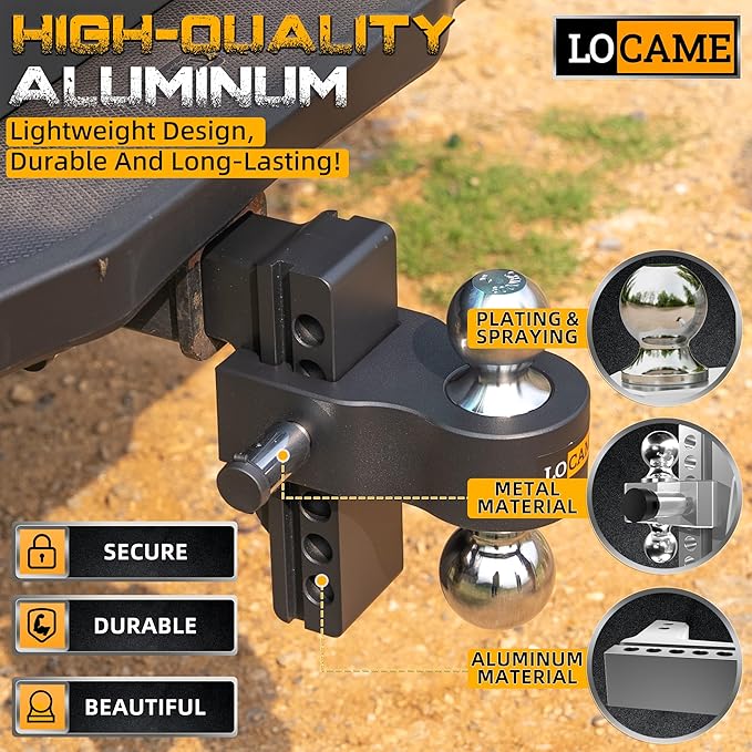 LOCAME Adjustable Trailer Hitch, Fits 2.5-Inch Receiver Only, 6-Inch Drop/Rise Aluminum Drop Hitch,18,500 LBS GTW-Tow Hitch for Heavy Duty Truck with Double Stainless Steel Locks, Black, LC0025