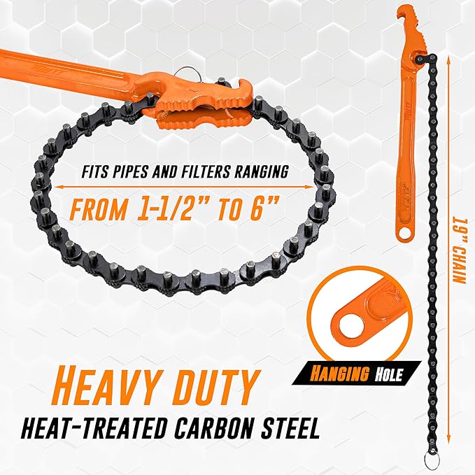 Mutt Tools 12" Chain Wrench - Heavy Duty Chain Pipe Wrench for 1-1/2" to 6" Pipes - Professional Chain Oil Filter Wrench for Mechanics and Plumbers