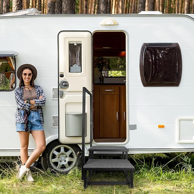 3-Step RV Step Stool with Handrail, Wider Steps with Anti-Slip Mat & Base Support, Mobility Aid Ladder for Senior, High RV, Hot Tub, Porch