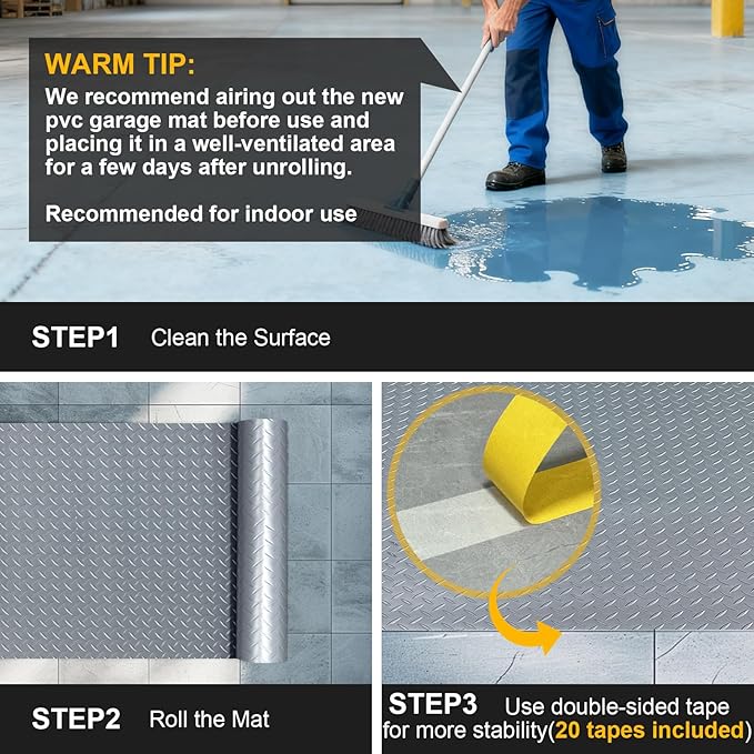 7.5x25 FT Garage Floor Mat, 2.8mm Thickened Flooring Roll for Under Car with 20Pcs Tapes, 188SQFT Diamond Plate Non-Slip Floor Protector Mat for Garage, Warehouse, Gyms, Trailer(Grey)