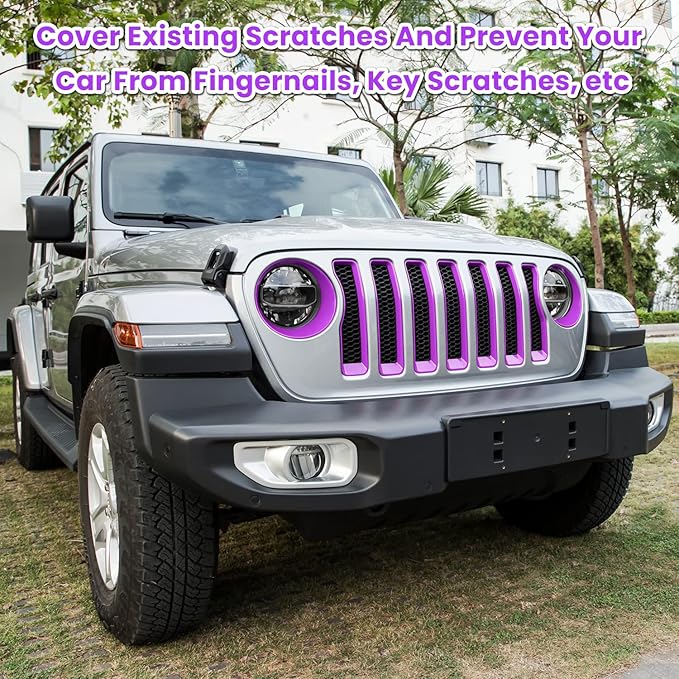 Front Grille Mesh Inserts & Headlight Cover for Jeep Wrangler JL JLU Sport & Sport S Only 2018-2023 Exterior Accessories Clip-in Grille Guard Cover Headlight Bezels Trim Ring (Purple 9PCS)