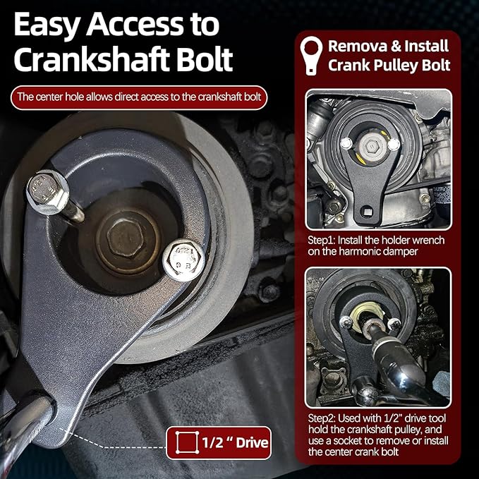 Sunluway for Toyota/Lexus Crankshaft Damper Pulley Holding Holder Tool fits 3.0L 3.3L V6, 4.0L 4.3L 4.7L V8 Engine Crank Pulley Tool Harmonic Damper Tool with 2PCS Crank Bolts