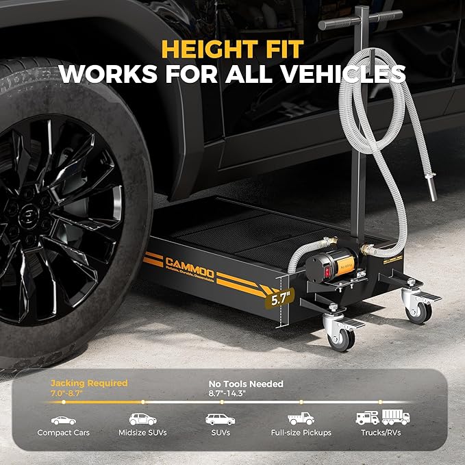 15 Gal Electric Oil Drain Pan, 110V High-Flow Pump, 9.8 FT Hose, 200 W Motor, 2 Locking Swivel Casters and 2 Directional Wheels Stable, Folding Handle, Heavy-Duty for Trucks, RVs, SUVs, Black