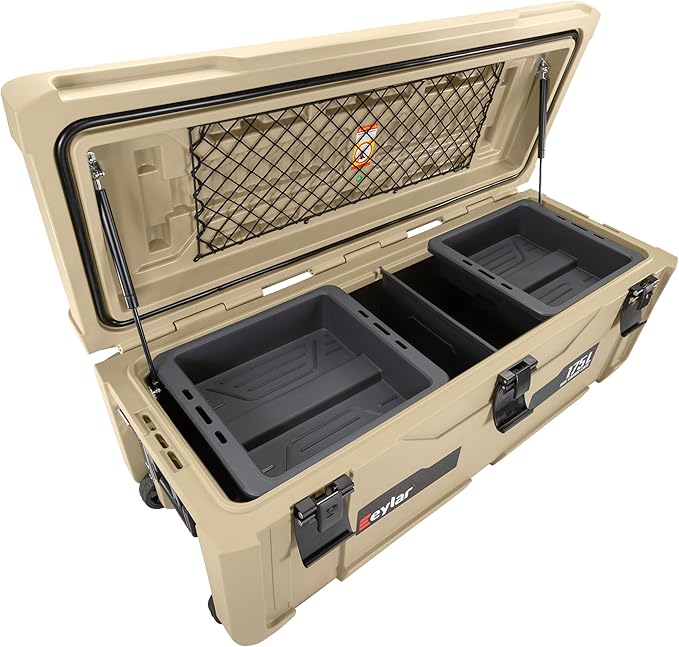 SRX-175 Overlanding Cargo Case – 175L Waterproof Storage Box for Camping, Off-Road & Truck Bed Gear – Heavy-Duty Lockable Storage with Gas Strut Lid, Stackable Design & Interior Organizer Tray (Tan)