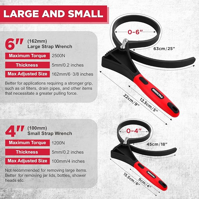 2-Piece Rubber Strap Adjustable Wrench Set Diameter 4" and 6", Oil Filter Pipe Jar Opener Strong Grip Plumbers Universal Spanner for Drain Sewer Cap Sink Pliers Nut Shower Head Valve Removal