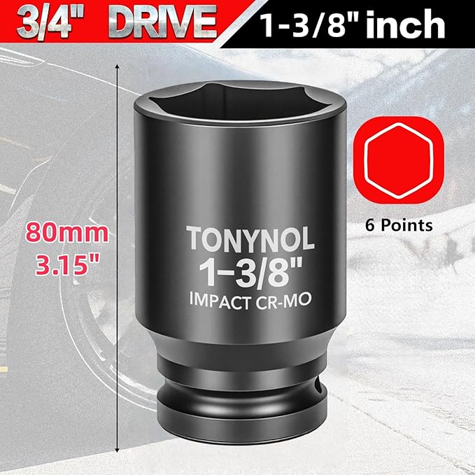 3/4" Inch Drive Deep Impact Socket,6-Point,SAE 1-3/8",80mmL,CR-MO,Heavy-Duty Automotive & Industrial Repair