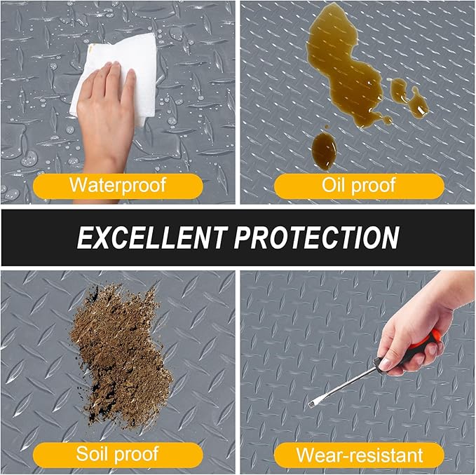 7.5x20 FT Garage Floor Mat, Flooring Roll with 20Pcs Tapes, 150 sqft Diamond Plate PVC Rubber Trailer Mat, Non-Slip Floor Mat for Garage, Warehouse, Gyms, Trailer, Pickup Truck (Grey)