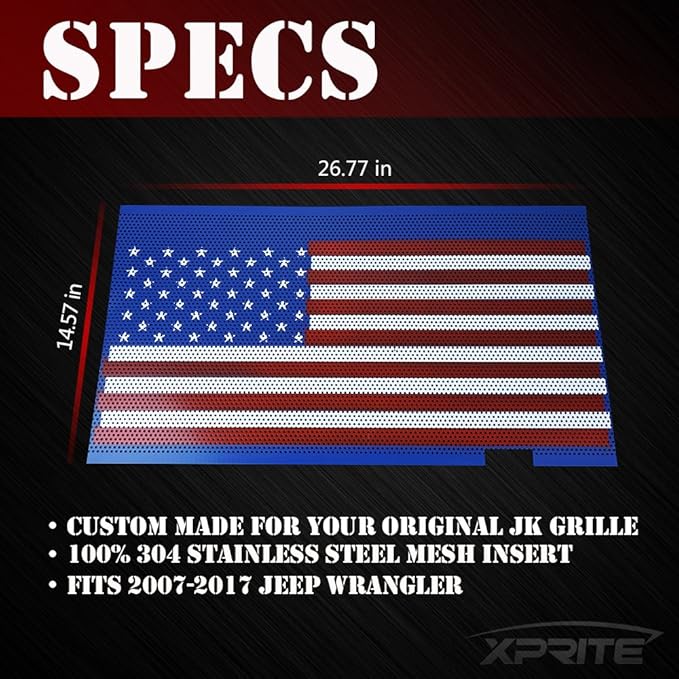 Xprite Grill Mesh Insert American Flag Matte Aluminum Alloy Mesh Grille Grid Compatible with 2007-2018 Jeep Wrangler JK JKU