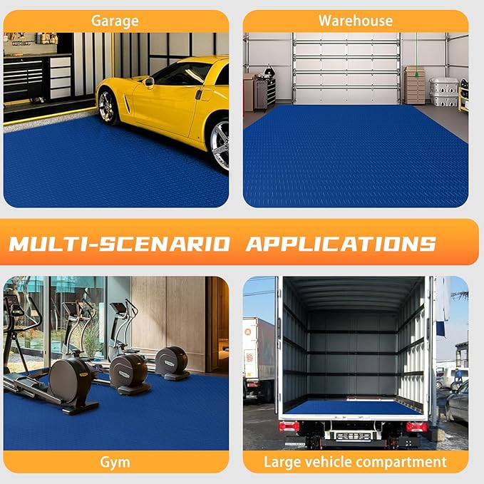 Boshen 5x12FT Garage Floor Mat, 2.5mm Thickened Diamond Plate PVC Rubber & Vinyl Flooring Roll, 60 SQFT Non-Slip Rubber Garage Mat for Floor Under Car Protection - Blue