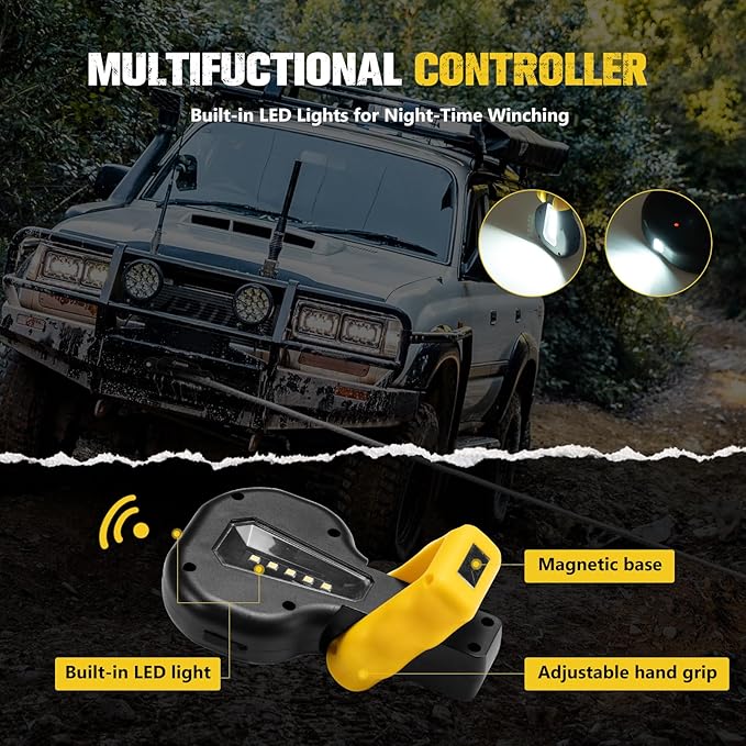 BUNKER INDUST 13000lb Electric Winch 12V Waterproof with Synthetic Rope Fairlead for Truck SUV,DT Socket and a Terminal in Control Box Ready for Added Appliances,Wire and Wireless Remote Control