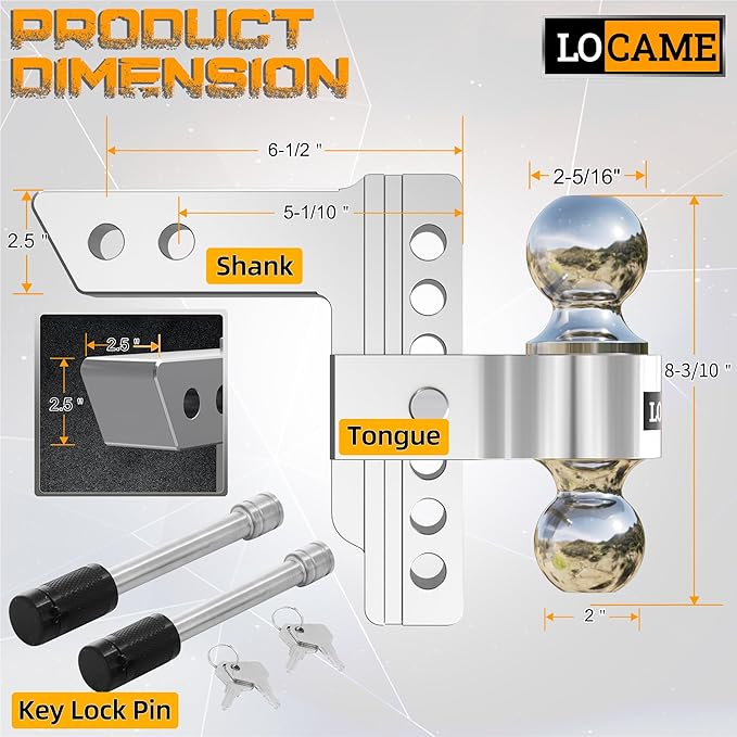 LOCAME Adjustable Trailer Hitch, Fits 2.5-Inch Receiver, 6-Inch Drop/Rise Aluminum Drop Hitch,18,500 LBS GTW-Tow Hitch for Heavy Duty Truck with Double Stainless Steel Locks, LC0026