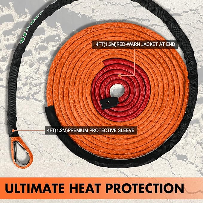 3/8" x 60ft Synthetic Winch Rope 19,854lbs Dyneema Winch Cable Line with Hook and Sleeve Protection Car Tow Recovery Cable for 4WD Off Road Vehicle SUV Truck(Orange-Slim)