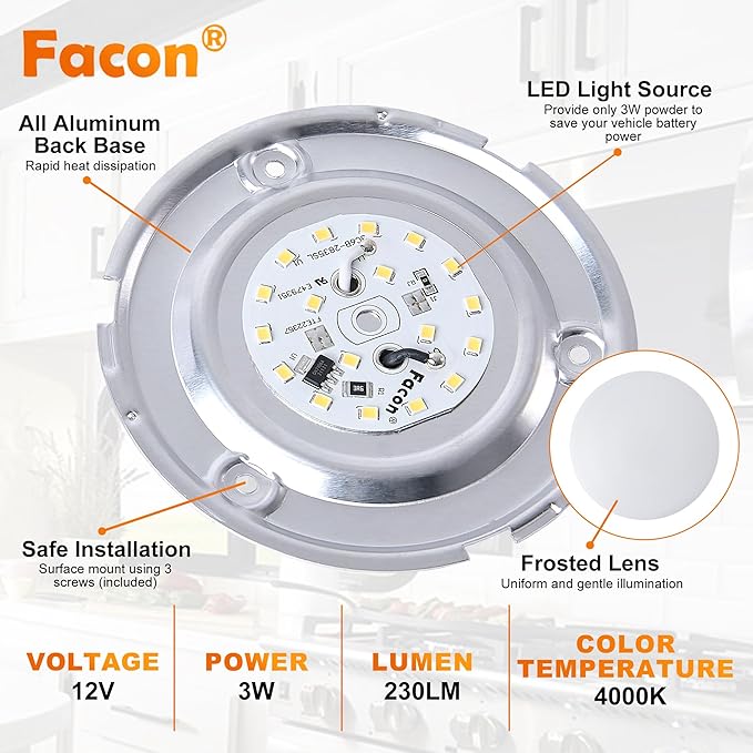 Facon 3.5" LED RV Puck Light Surface Mount - 2Pack, SY-SM35 12V RV Dome Light(No Switch), 230LM Cool White (4000K), Ideal for RVs, Motorhomes, Campers, Marine Vehicles