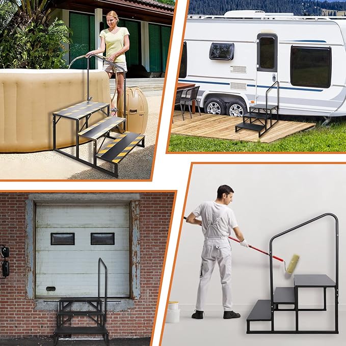 3 Step RV Stairs, Hot Tub Steps, Outdoor Spa Step Ladder with Handrail,Portable Economy 5th Wheel Stair for Travel Trailer, Motor Home, Camper and Porch with Non-Skid Tapes